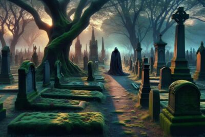 el guardian del cementerio figura encapuchada entre tumbas terror miedo terrorux